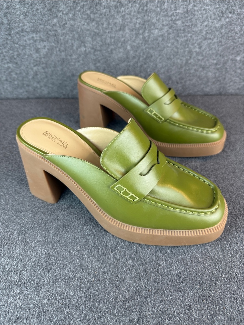 MICHAEL Michael Kors Eden Olive Green Leather Platform Clog Mules 8M